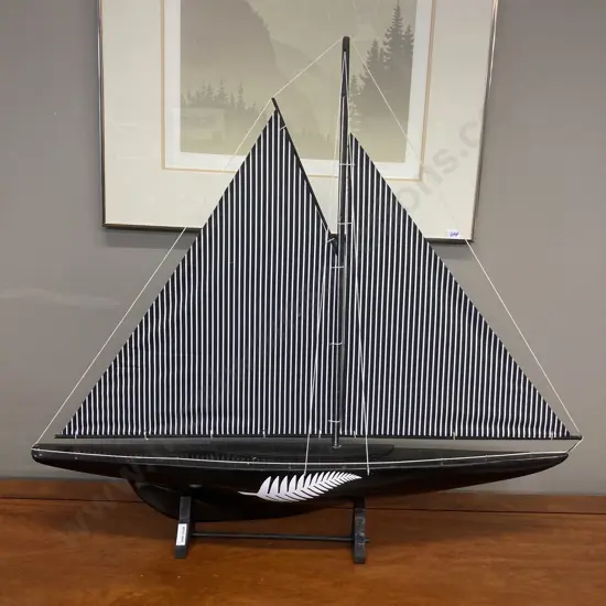 Sliver Fern Handmade Wooden Half Hull Freestanding Sail Boat Model, Black / White. 74 x 82cm